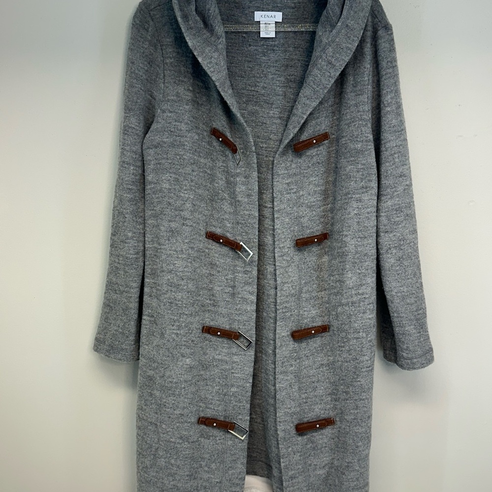 Kenar Gray 100% wool jacket coat hooded size large leather detail closures